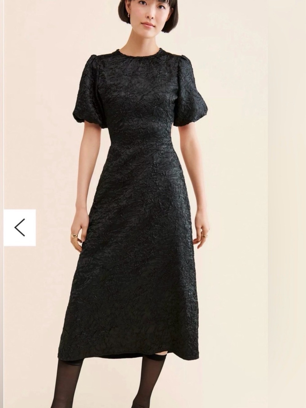 Lisa Says Gah Black Textured Puff-Sleeve Midi Dress